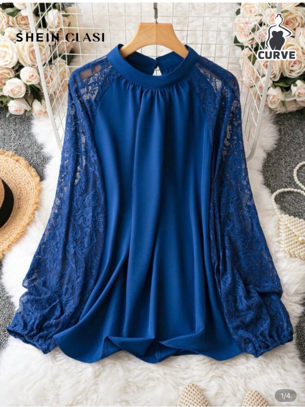 Curve Royal Blue Lace Sleeve Blouse